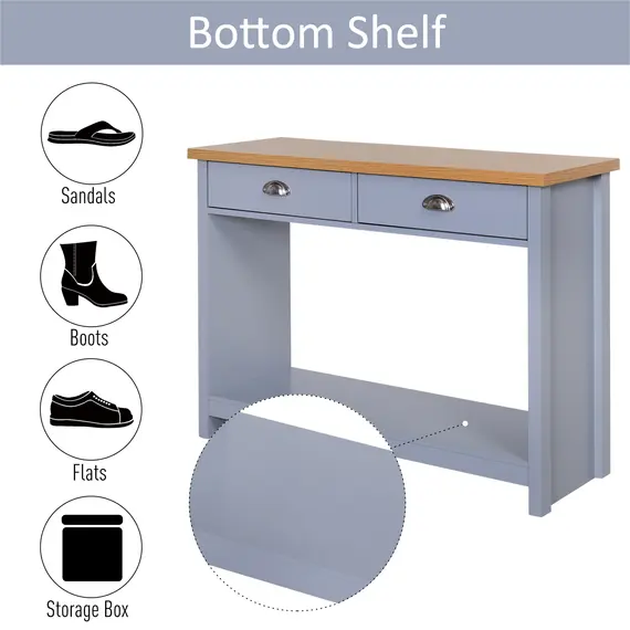 Buy 2 Drawers Console Table w/Bottom Shelf Rustic Retro Style Hallway Living Room Home Furniture Wood Effect Worktop Grey, 3 image
