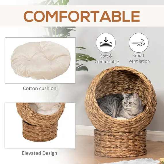 Buy Cats Woven Banana Leaf Elevated Basket Bed w/ Cushion Brown, 4 image