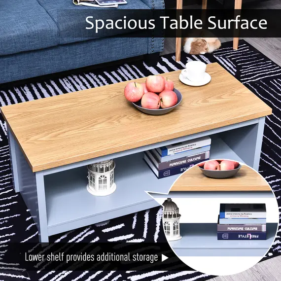 Buy Coffee Table w/Open Display Wood Effect Tabletop Retro Rustic Style Chic Living Room Storage Grey, 3 image