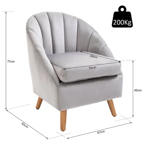 Buy HOMCOM Accent Chair Velvet Fabric Single Sofa Armchair Home Living Room Solid Wood Leg Upholestered Side Armchair Grey, 2 image