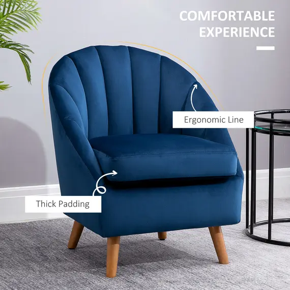 Buy HOMCOM Accent Chair Velvet Fabric Single Sofa Armchair Home Living Room Solid Wood Leg Upholestered Side Armchair Blue, 3 image