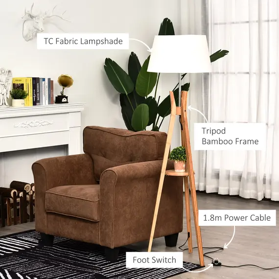 Buy HOMCOM Tripod Floor Lamp Light E27 Base Bedroom Living Room Natural Wooden Fabric Shade Storage Shelf Foot Switch, 156cm, White, 5 image