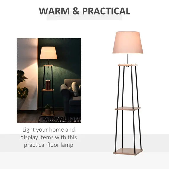 Buy Metal Tripod Floor Lamp w/ 3-Tier Shelves Foot Switch Modern Stylish E27 Lampshade Base  Functional Duo Design, 3 image