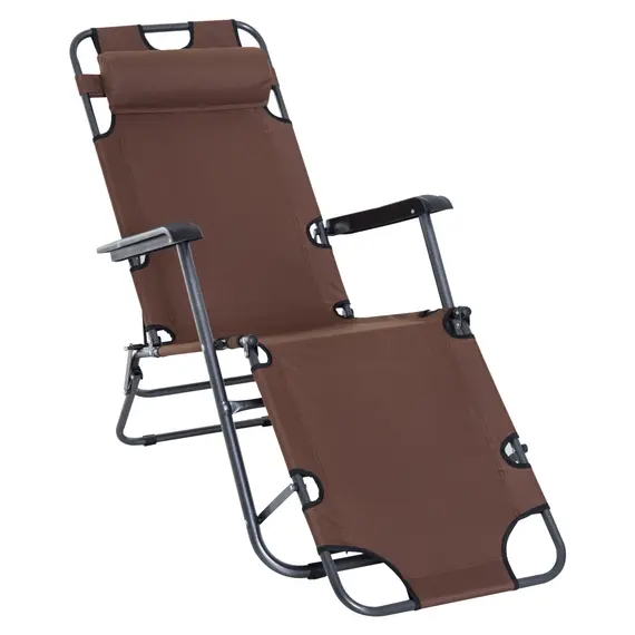 Buy 2 in 1 Sun Lounger Folding Reclining Chair Garden Outdoor Camping Adjustable Back with Pillow, Brown
