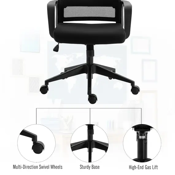 Buy HOMCOM Mesh Swivel Office Chair with Adjustable Headrest, Lumbar Support, Home Task High Back Chair Adjustable Height, Black, 4 image