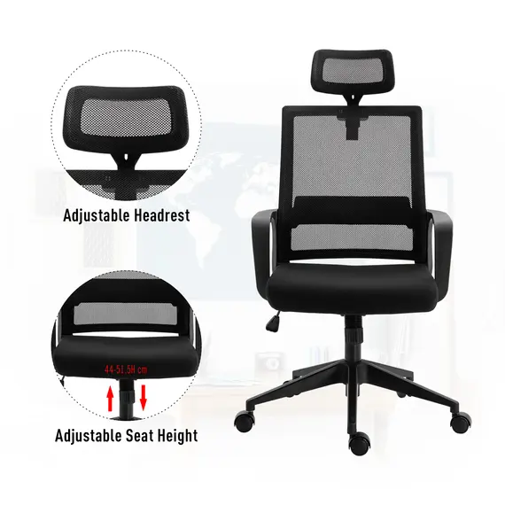Buy HOMCOM Mesh Swivel Office Chair with Adjustable Headrest, Lumbar Support, Home Task High Back Chair Adjustable Height, Black, 5 image