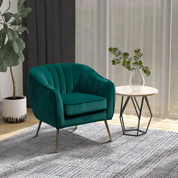 Buy HOMCOM Velvet Armchair Tub chair with Golden Metal Leg Living Room Furniture Green