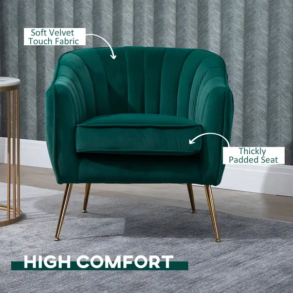 Buy HOMCOM Velvet Armchair Tub chair with Golden Metal Leg Living Room Furniture Green, 3 image
