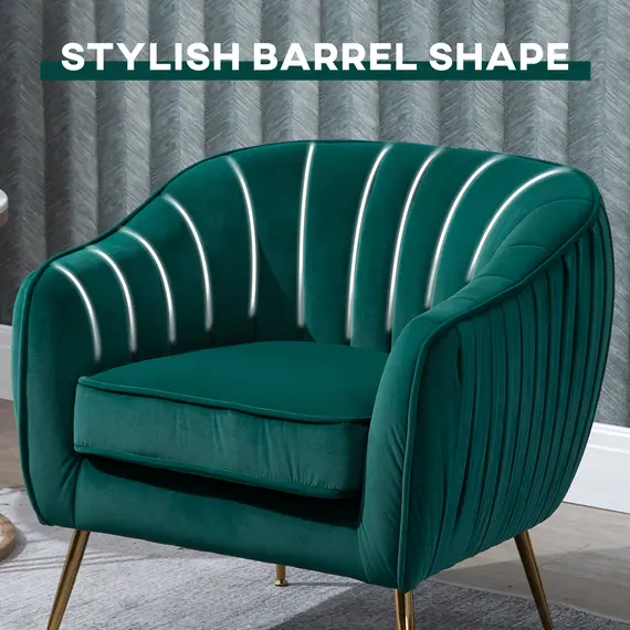Buy HOMCOM Velvet Armchair Tub chair with Golden Metal Leg Living Room Furniture Green, 4 image