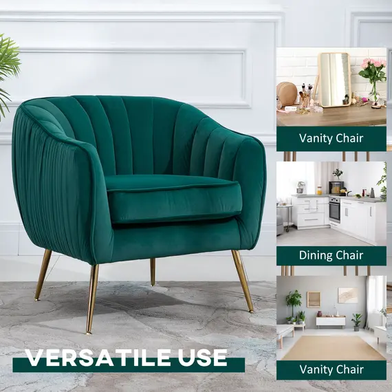 Buy HOMCOM Velvet Armchair Tub chair with Golden Metal Leg Living Room Furniture Green, 6 image