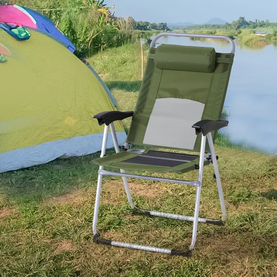 Buy Outdoor Garden Folding Chair Patio Armchair 3-Position Adjustable Recliner Reclining Seat with Pillow - Green