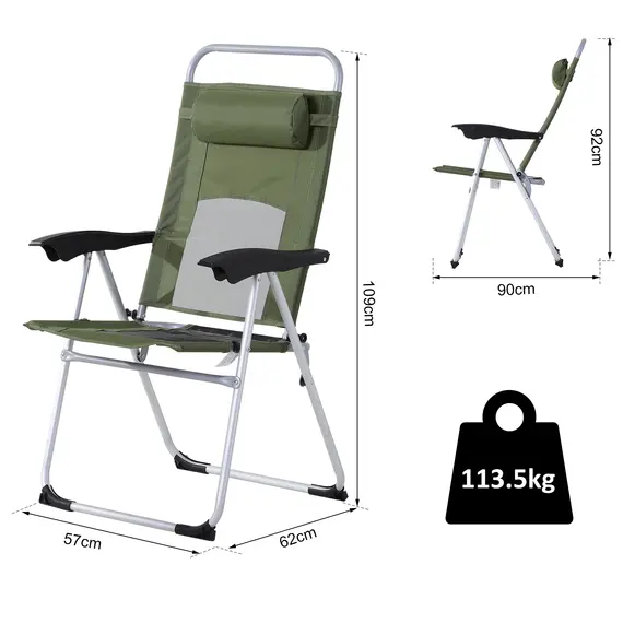 Buy Outdoor Garden Folding Chair Patio Armchair 3-Position Adjustable Recliner Reclining Seat with Pillow - Green, 2 image