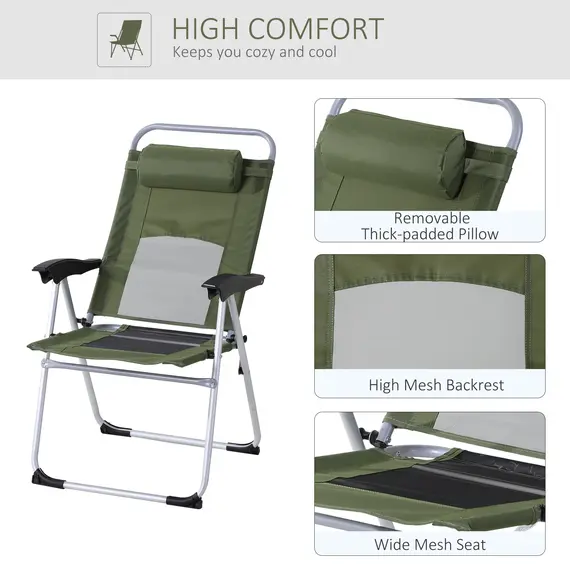 Buy Outdoor Garden Folding Chair Patio Armchair 3-Position Adjustable Recliner Reclining Seat with Pillow - Green, 6 image