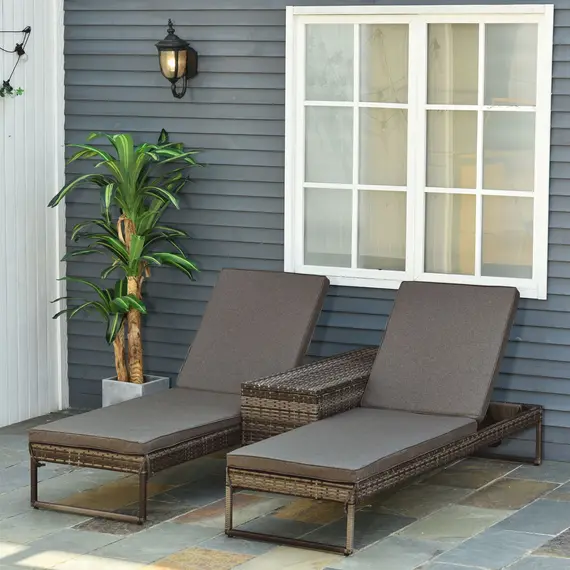 Buy Outsunny 2 Seater Rattan Sun Lounger Garden Outdoor Wicker Weave Recliner Bed Side Table Set Patio Furniture with Cushion - Grey