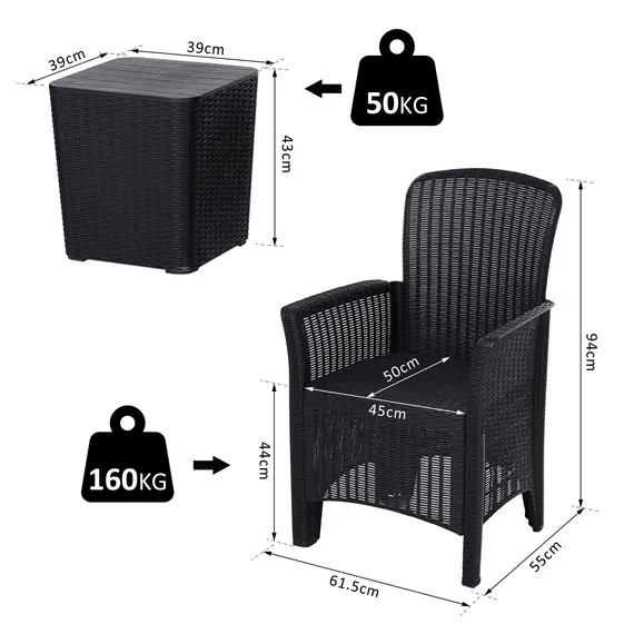 Buy Outsunny 3 PCs Rattan Effect Bistro Set Outdoor Wicker Weave 2 Chairs 1 Coffee Table with Cushions Garden Patio Furniture - Black, 2 image