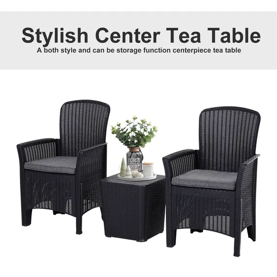 Buy Outsunny 3 PCs Rattan Effect Bistro Set Outdoor Wicker Weave 2 Chairs 1 Coffee Table with Cushions Garden Patio Furniture - Black, 3 image