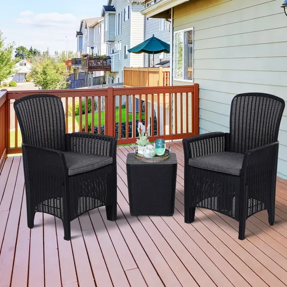 Buy Outsunny 3 PCs Rattan Effect Bistro Set Outdoor Wicker Weave 2 Chairs 1 Coffee Table with Cushions Garden Patio Furniture - Black, 8 image