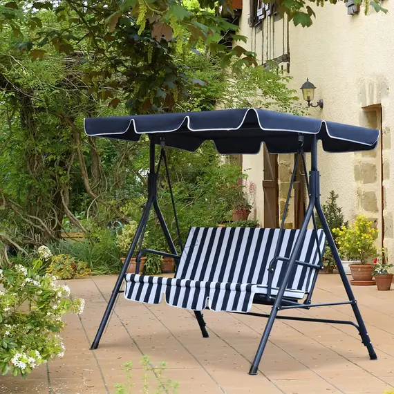 Buy Outsunny 3 Seater Canopy Swing Chair Heavy Duty Outdoor Garden Bench with Sun Cover Metal Frame - Blue