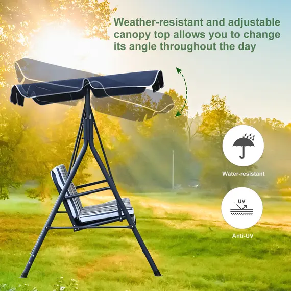 Buy Outsunny 3 Seater Canopy Swing Chair Heavy Duty Outdoor Garden Bench with Sun Cover Metal Frame - Blue, 3 image