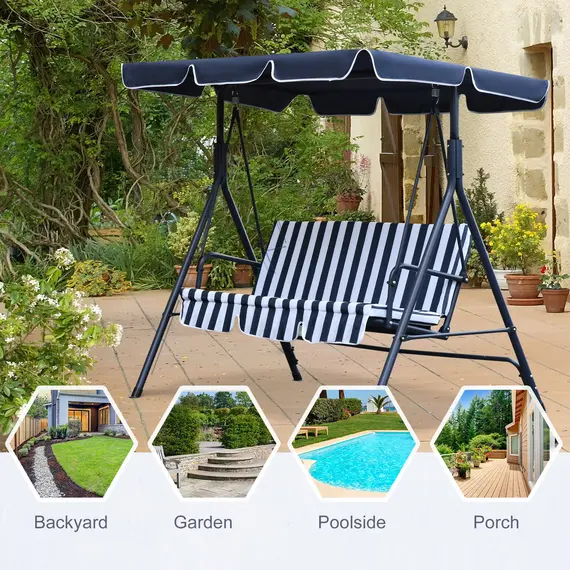 Buy Outsunny 3 Seater Canopy Swing Chair Heavy Duty Outdoor Garden Bench with Sun Cover Metal Frame - Blue, 6 image