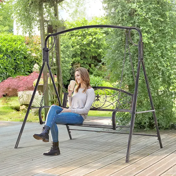 Buy Outsunny Garden 2-Seater Metal Swing Chair Bench Modern Style Outdoor Sling Seat, Black, 8 image