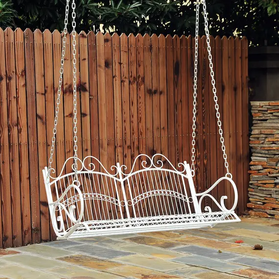 Buy Outsunny Metal 2-Seater Outdoor Garden Swing Bench White, 3 image