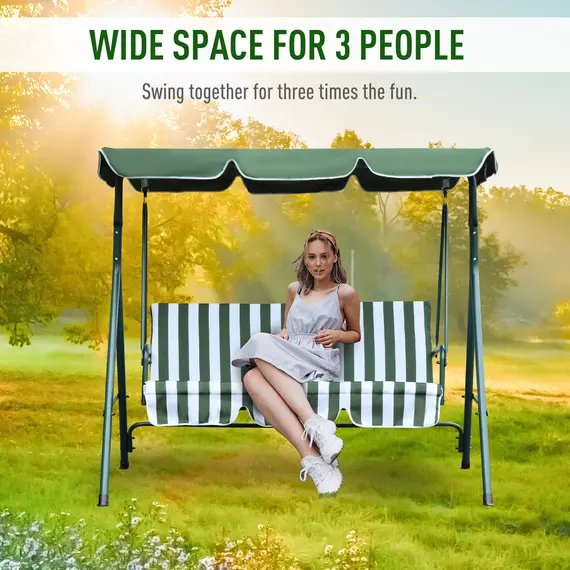 Buy Outsunny Steel 3-Seater Swing Chair w/ Adjustable Canopy Green, 3 image