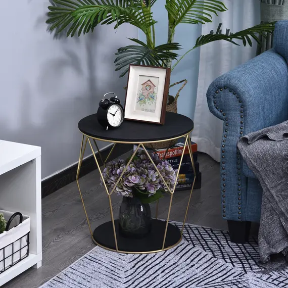 Buy Wood Metal Coffee Round Table W/Storage Sofa End Side Coffee Table Bedroom Modern Decoration Furniture - Black Gold Color (О¦45cm)