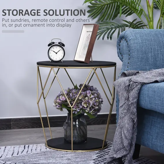 Buy Wood Metal Coffee Round Table W/Storage Sofa End Side Coffee Table Bedroom Modern Decoration Furniture - Black Gold Color (О¦45cm), 3 image