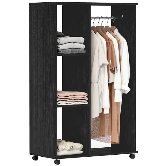 Buy Open Wardrobe on Wheels, Bedroom Wardrobe with Clothes Hanging Rail, 3 Storage Shelves, Mobile Garment Rack for Cloakroom, Hallway, Black