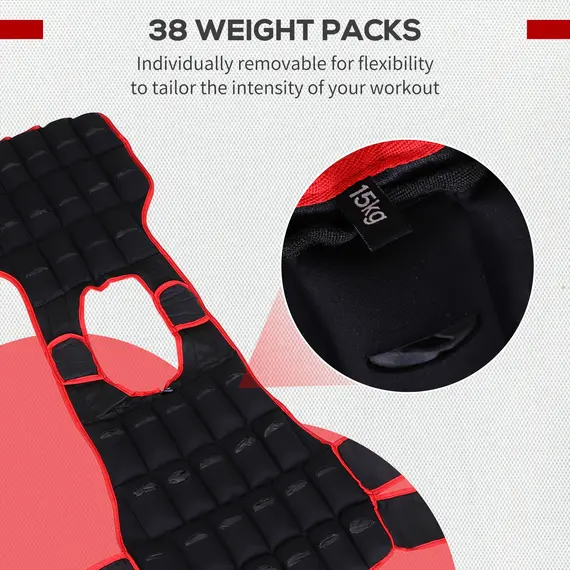 Buy 15kg Weight Vest Adjustable Exercise Workout w/ 36 Weights Padding Easy Use Cardio Running Fitness Black Red, 4 image