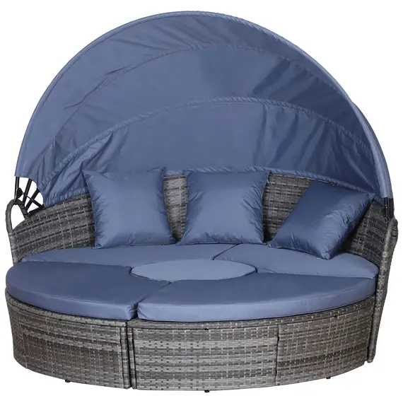 Buy PE Rattan Lounge Set, 5 Pieces Patio Conversation Furniture Set, Garden Round Sofa Bed with Cushion and Retractable Canopy, Grey