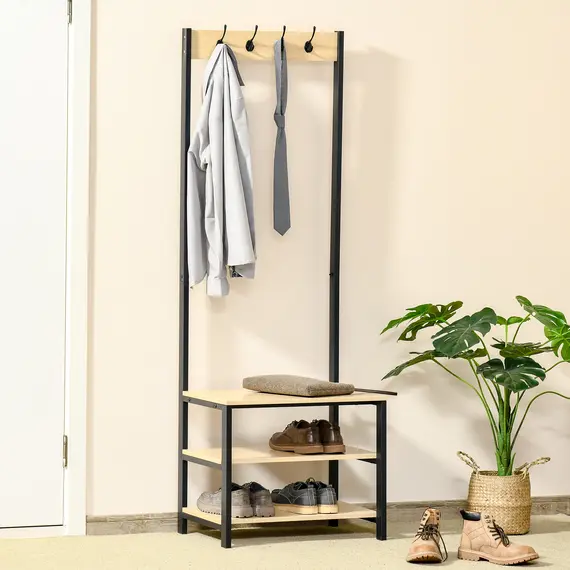 Buy 4 Hooks Wooden Garment Rack Freestanding Coat Rail Storage Shelves Metal Tidy Shoes Clothes Stand Entryway Furniture - 60L x 40W x 175H (cm)