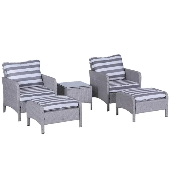 Buy 5 Pieces PE Rattan Garden Furniture Set with 10cm Thick Padded Cushions, Wicker Weave Outdoor Seating Chairs with 2 Armchairs, 2 Stools, Glass Top Table, Grey and White