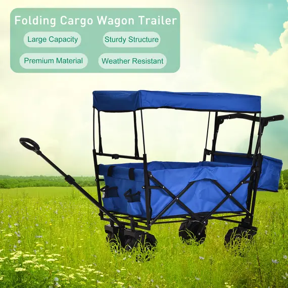 Buy Folding Trolley Cart Storage Wagon Beach Trailer 4 Wheels with Handle Overhead Canopy Cart Push Pull For Shopping Camping Garden - Blue, 6 image