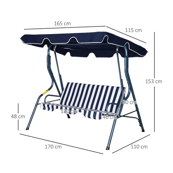 Buy Outsunny 3 Seater Canopy Swing Chair Outdoor Garden Bench with Sun Cover Metal Frame - Blue Stripes, 2 image