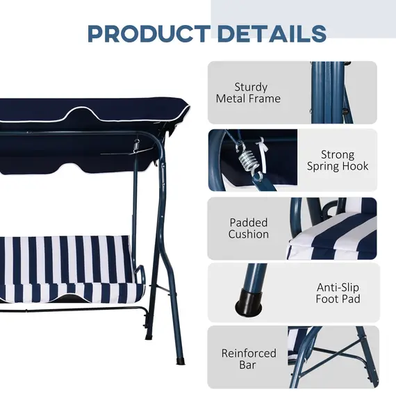 Buy Outsunny 3 Seater Canopy Swing Chair Outdoor Garden Bench with Sun Cover Metal Frame - Blue Stripes, 4 image