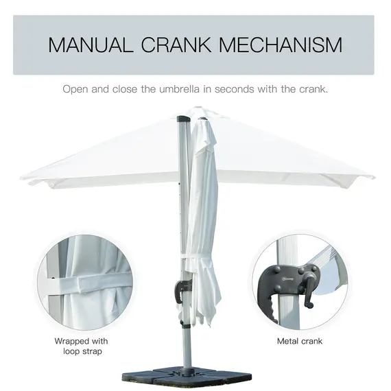 Buy Outsunny 3m Cantilever Roma Parasol Aluminium Frame 360 Rotation Hanging Parasol with/ Cross Base White, 6 image