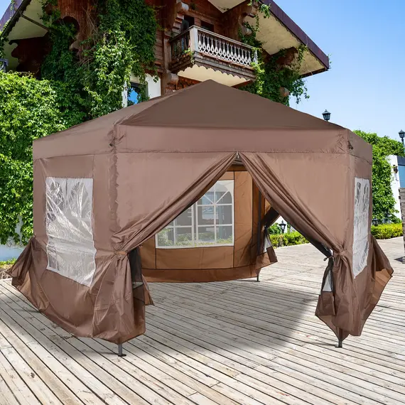 Buy Outsunny 4m x 4m Hexagonal Metal Frame Garden Gazebo Brown, 8 image
