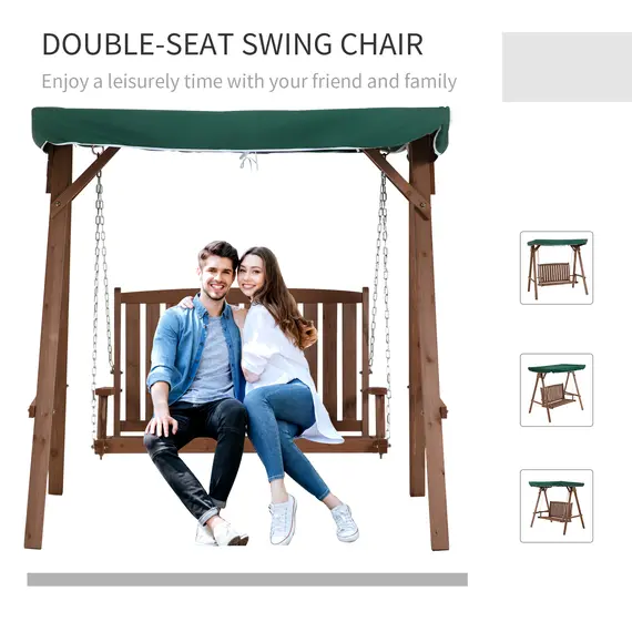 Buy Outsunny Fir Wood 2-Seater Outdoor Garden Swing Chair w/ Canopy Green, 5 image