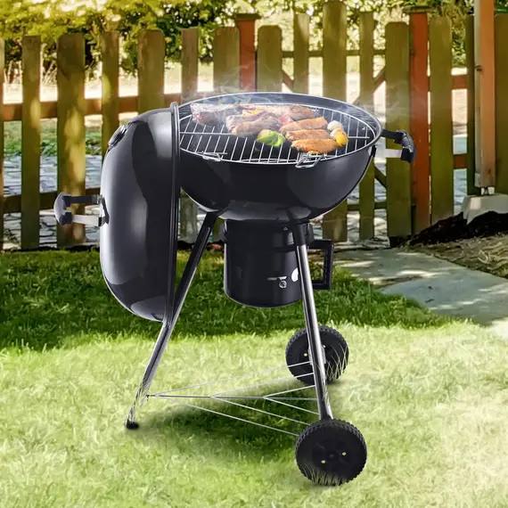 Buy Outsunny Freestanding Charcoal BBQ Grill Portable Cooking Smoker Outdoor Camp Picnic Barbecue Cooker w/ Wheels and Storage Shelves