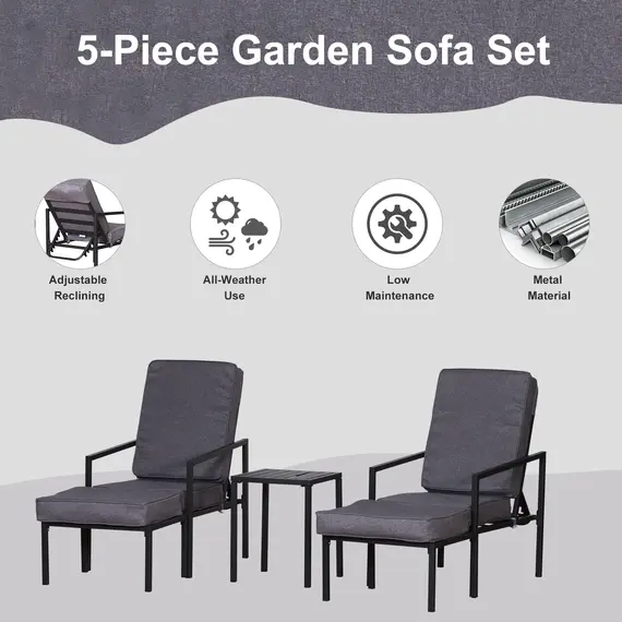 Buy Outsunny Garden Patio Sun Lounger Outdoor Lounger 5 pcs Set Reclining Chair & Coffee Table Footstools Metal Frame Patio Lounger with Cushions, 3 image