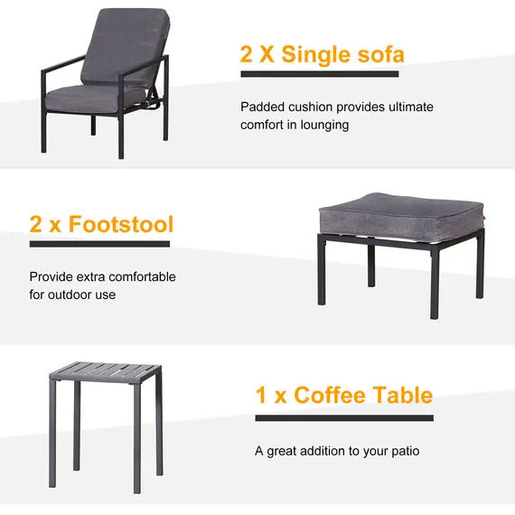 Buy Outsunny Garden Patio Sun Lounger Outdoor Lounger 5 pcs Set Reclining Chair & Coffee Table Footstools Metal Frame Patio Lounger with Cushions, 4 image