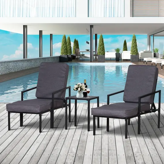 Buy Outsunny Garden Patio Sun Lounger Outdoor Lounger 5 pcs Set Reclining Chair & Coffee Table Footstools Metal Frame Patio Lounger with Cushions, 8 image