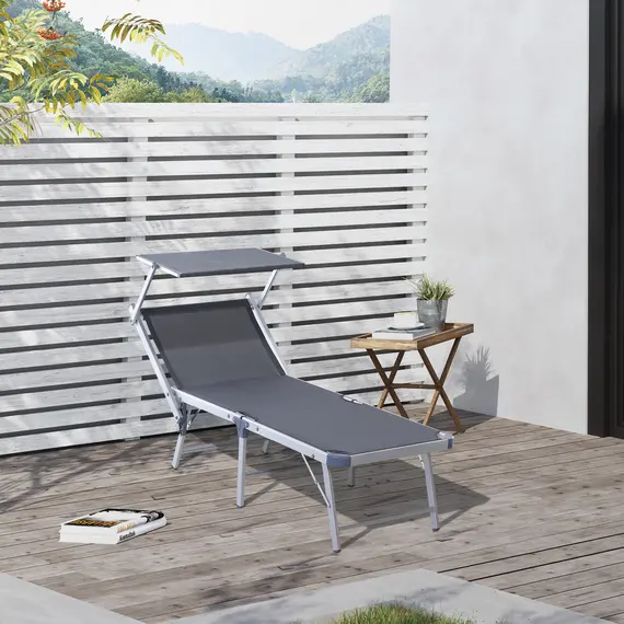 Buy Outsunny Garden Sun Lounger Texteline Chaise Lounge Reclining Chair with Canopy Adjustable Backrest Bed Aluminium Frame - Grey