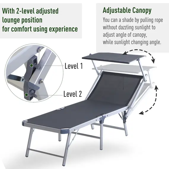 Buy Outsunny Garden Sun Lounger Texteline Chaise Lounge Reclining Chair with Canopy Adjustable Backrest Bed Aluminium Frame - Grey, 3 image