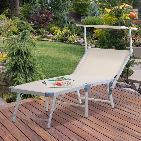 Buy Outsunny Garden Sun Lounger Texteline Chaise Lounge Reclining Chair with Canopy Adjustable Backrest Bed Aluminium Frame - Beige