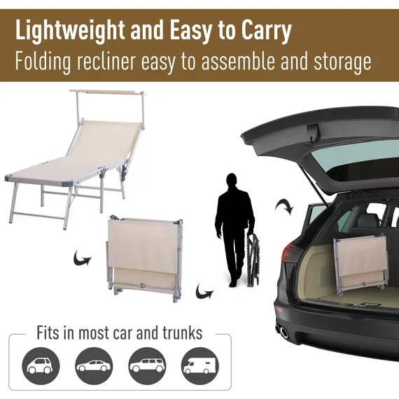 Buy Outsunny Garden Sun Lounger Texteline Chaise Lounge Reclining Chair with Canopy Adjustable Backrest Bed Aluminium Frame - Beige, 4 image