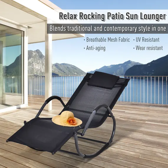 Buy Outsunny Patio Texteline Rocking Lounge Chair Zero Gravity Rocker Outdoor Patio Garden Recliner Seat w/ Padded Pillow - Black, 3 image