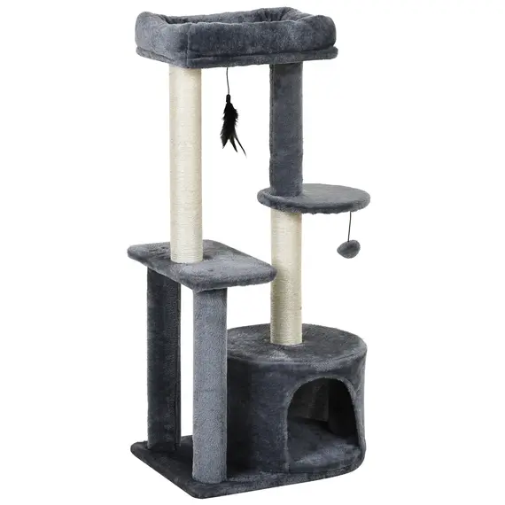 Buy 100cm Cat Tree for Indoor Cats, Cat Tower Condo for Kittens with Cat House Sisal Scratching Posts, Hanging Ball Toys, Perches - Grey